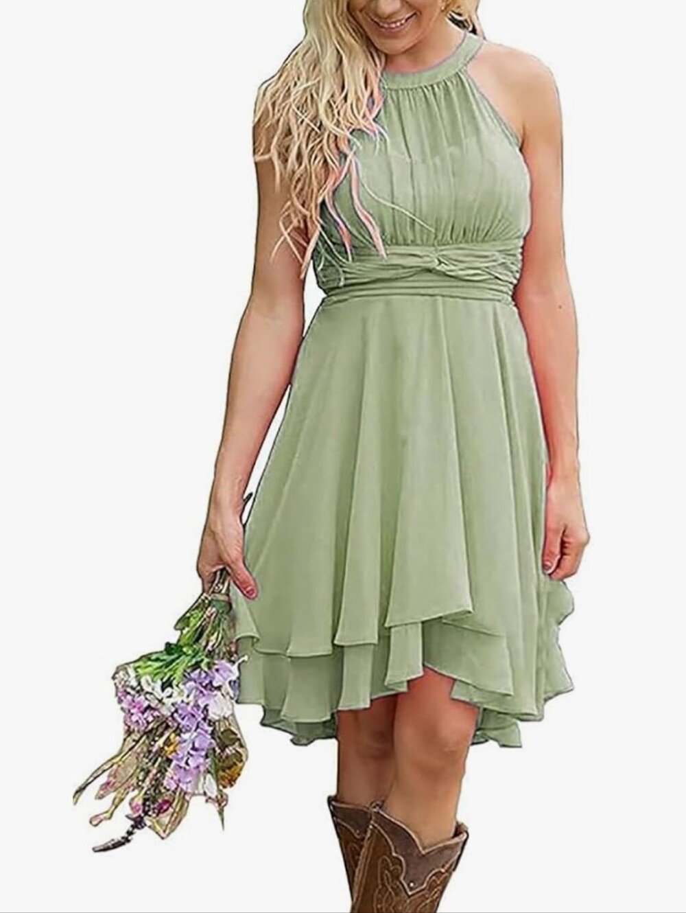 Sleeveless Sage Halter Ruffle Dress Size 6